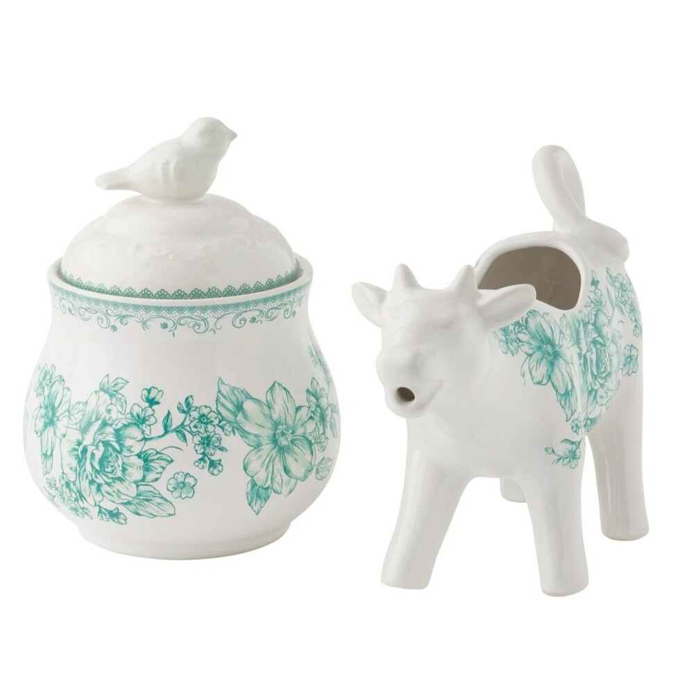 Pioneer Woman Agatha Green Sugar Bowl & Creamer Set Stoneware White Home Gift